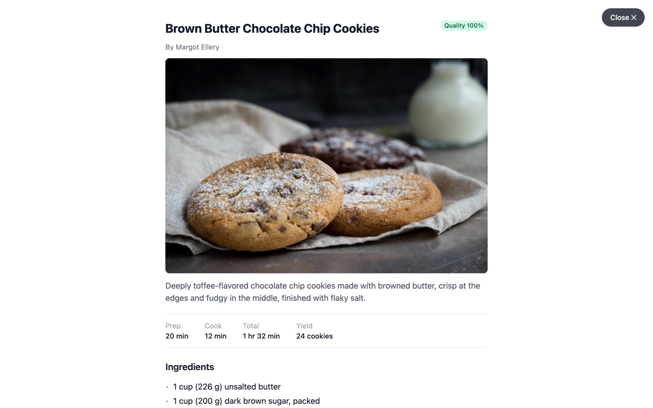 Reader view in light mode: a recipe shown as one clean card with ingredients, steps, and times